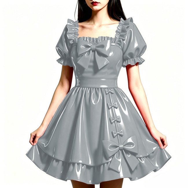 Shiny PVC Leather Sweet Bow Prom Dress Party Glossy Square Neck A-line Flared Dress Club Gothic Lolita Ruffle Gowns Womens Dress