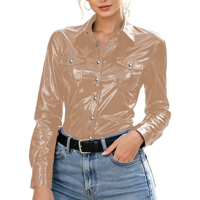 Plus Size Womens Shirt with Pockets Wet Look PVC Long Sleeve Female Blouses Shiny PU Leather Single Breasted Tops Streetwear