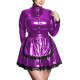Plus Size High Neck Maid Uniforms Long Sleeve Black Lace Trim Apron Mini Dress Womens PVC Shiny Maid Outfits Halloween Cosplay