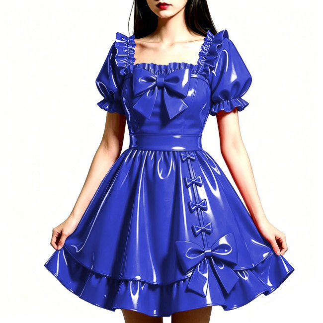 Shiny PVC Leather Sweet Bow Prom Dress Party Glossy Square Neck A-line Flared Dress Club Gothic Lolita Ruffle Gowns Womens Dress
