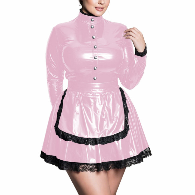 Plus Size High Neck Maid Uniforms Long Sleeve Black Lace Trim Apron Mini Dress Womens PVC Shiny Maid Outfits Halloween Cosplay