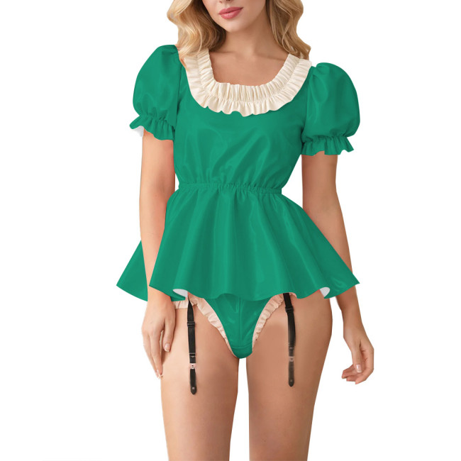 Fetish Glossy PVC Lockable Bodysuits Sissy Puff Sleeve Ruffle Trim Peplum Romper with Garter Halloween Cosplay Party Maid Outfit