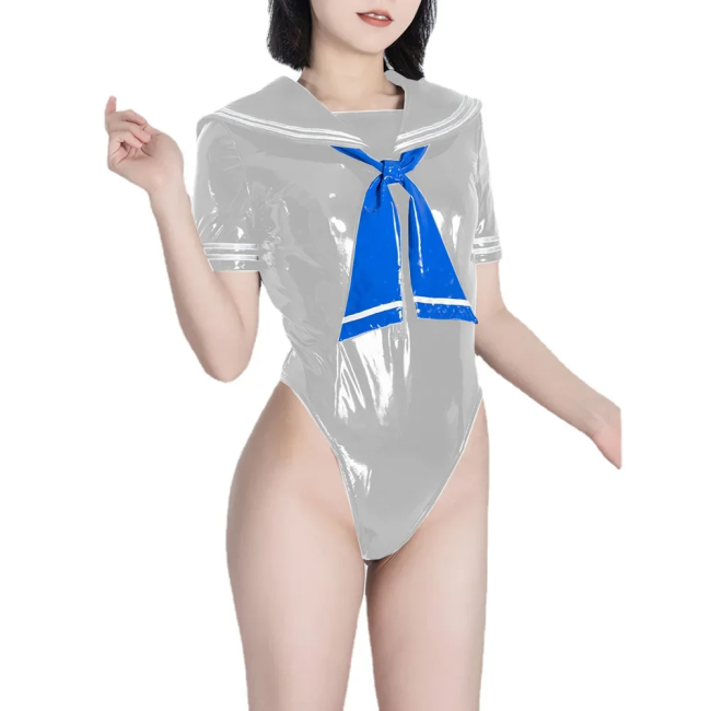 Fetish Queen Sailor Uniforms Short Sleeved Sailor Collar Bodysuits Wetlook PVC Leather High Cut Zentai Student Cosplay Outfits