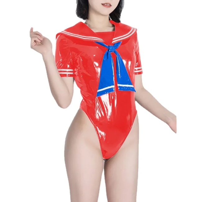 Fetish Queen Sailor Uniforms Short Sleeved Sailor Collar Bodysuits Wetlook PVC Leather High Cut Zentai Student Cosplay Outfits