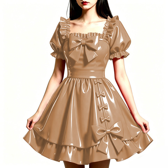 Shiny PVC Leather Sweet Bow Prom Dress Party Glossy Square Neck A-line Flared Dress Club Gothic Lolita Ruffle Gowns Womens Dress