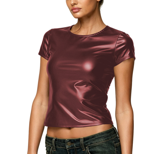 Plus Size Women Matte Faux Leather Tops Hot Girls High Street Style Crop Tops Solid Short Sleeve Round Neck T-shirts Club Outfit