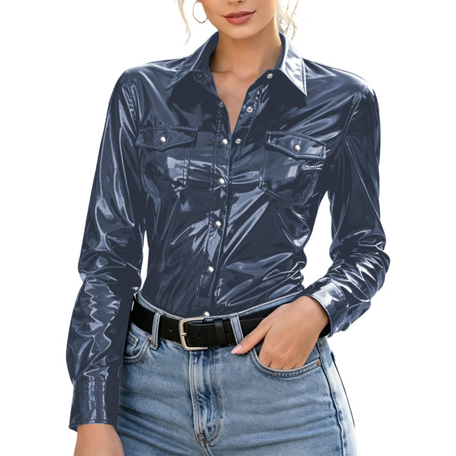 Plus Size Womens Shirt with Pockets Wet Look PVC Long Sleeve Female Blouses Shiny PU Leather Single Breasted Tops Streetwear