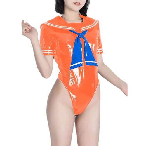 Fetish Queen Sailor Uniforms Short Sleeved Sailor Collar Bodysuits Wetlook PVC Leather High Cut Zentai Student Cosplay Outfits