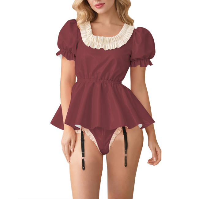 Fetish Glossy PVC Lockable Bodysuits Sissy Puff Sleeve Ruffle Trim Peplum Romper with Garter Halloween Cosplay Party Maid Outfit