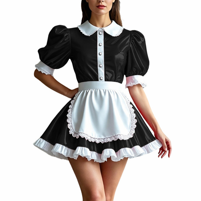 Sweet Shiny PVC Maid Outfit Womens Puff Sleeve Lace Trim Apron Dress Sissy Cosplay Maid Uniform Glossy Role Play Party Costume