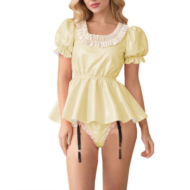 Fetish Glossy PVC Lockable Bodysuits Sissy Puff Sleeve Ruffle Trim Peplum Romper with Garter Halloween Cosplay Party Maid Outfit