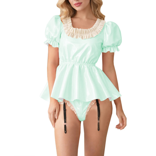 Fetish Glossy PVC Lockable Bodysuits Sissy Puff Sleeve Ruffle Trim Peplum Romper with Garter Halloween Cosplay Party Maid Outfit