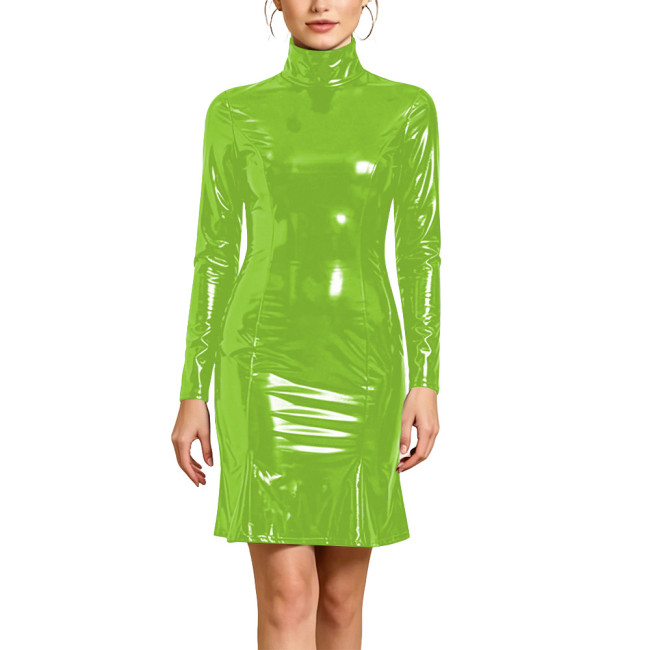 Plus Size Long Sleeve Ladies PVC Shiny Dresses Women Sexy Tight Stretch Solid Dress with Zipper Back Party Club Bodycon Gown