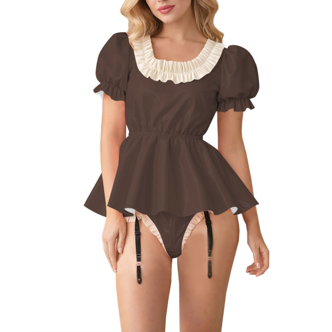 Fetish Glossy PVC Lockable Bodysuits Sissy Puff Sleeve Ruffle Trim Peplum Romper with Garter Halloween Cosplay Party Maid Outfit