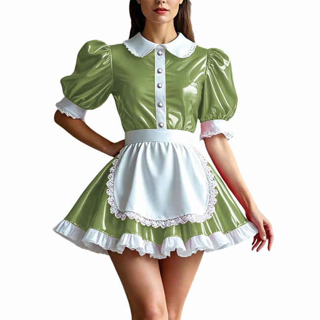 Sweet Shiny PVC Maid Outfit Womens Puff Sleeve Lace Trim Apron Dress Sissy Cosplay Maid Uniform Glossy Role Play Party Costume