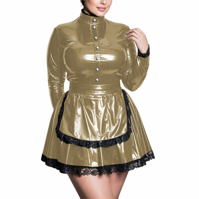 Plus Size High Neck Maid Uniforms Long Sleeve Black Lace Trim Apron Mini Dress Womens PVC Shiny Maid Outfits Halloween Cosplay