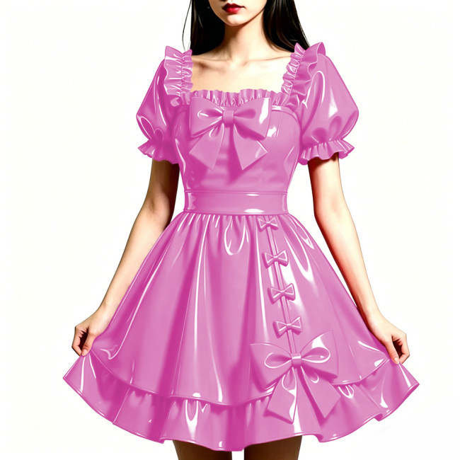 Shiny PVC Leather Sweet Bow Prom Dress Party Glossy Square Neck A-line Flared Dress Club Gothic Lolita Ruffle Gowns Womens Dress