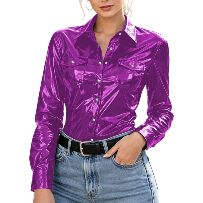 Plus Size Womens Shirt with Pockets Wet Look PVC Long Sleeve Female Blouses Shiny PU Leather Single Breasted Tops Streetwear