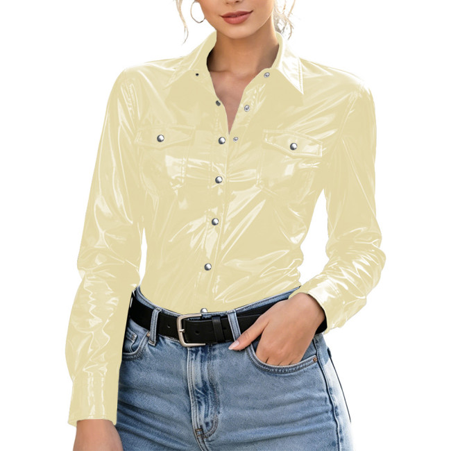 Plus Size Womens Shirt with Pockets Wet Look PVC Long Sleeve Female Blouses Shiny PU Leather Single Breasted Tops Streetwear