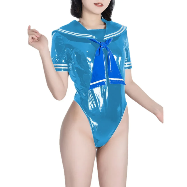 Fetish Queen Sailor Uniforms Short Sleeved Sailor Collar Bodysuits Wetlook PVC Leather High Cut Zentai Student Cosplay Outfits