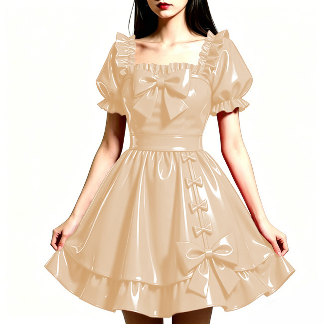 Shiny PVC Leather Sweet Bow Prom Dress Party Glossy Square Neck A-line Flared Dress Club Gothic Lolita Ruffle Gowns Womens Dress