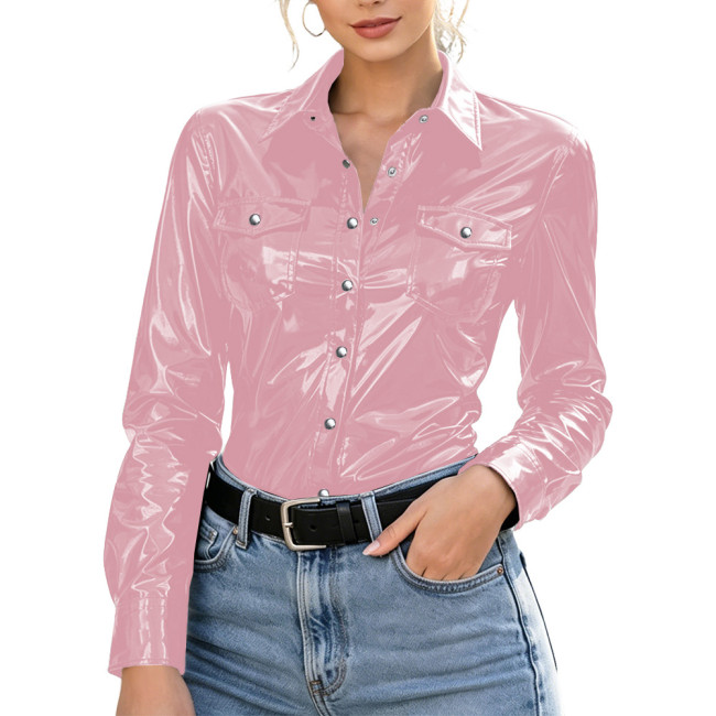 Plus Size Womens Shirt with Pockets Wet Look PVC Long Sleeve Female Blouses Shiny PU Leather Single Breasted Tops Streetwear