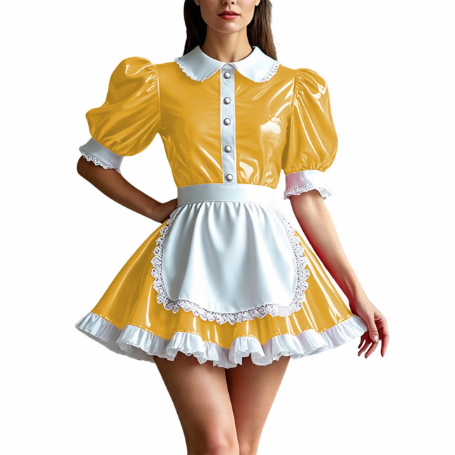 Sweet Shiny PVC Maid Outfit Womens Puff Sleeve Lace Trim Apron Dress Sissy Cosplay Maid Uniform Glossy Role Play Party Costume
