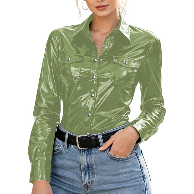 Plus Size Womens Shirt with Pockets Wet Look PVC Long Sleeve Female Blouses Shiny PU Leather Single Breasted Tops Streetwear