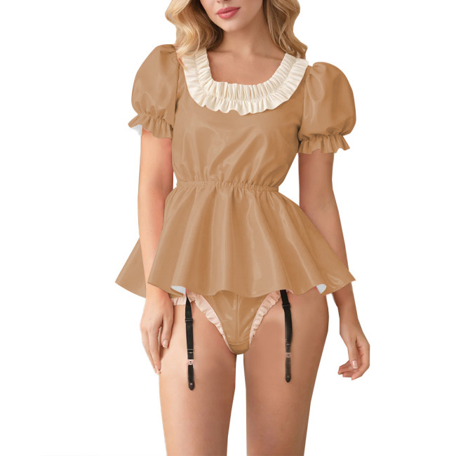 Fetish Glossy PVC Lockable Bodysuits Sissy Puff Sleeve Ruffle Trim Peplum Romper with Garter Halloween Cosplay Party Maid Outfit
