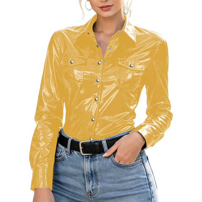 Plus Size Womens Shirt with Pockets Wet Look PVC Long Sleeve Female Blouses Shiny PU Leather Single Breasted Tops Streetwear