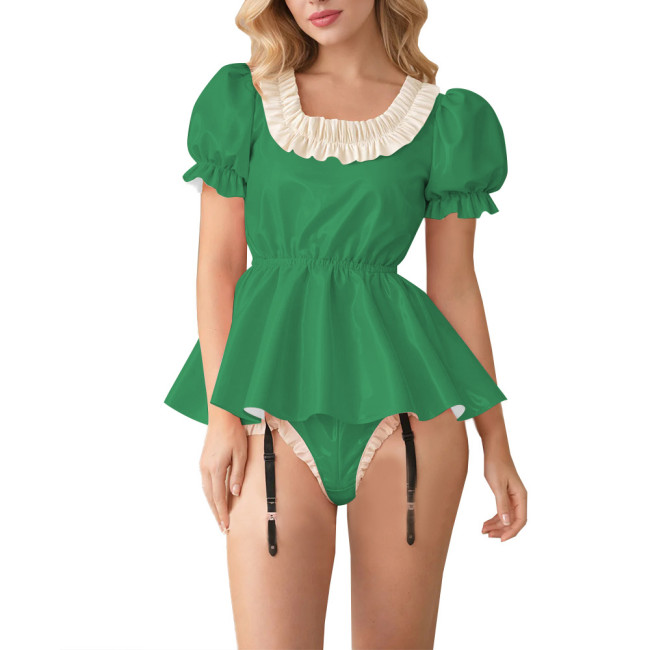 Fetish Glossy PVC Lockable Bodysuits Sissy Puff Sleeve Ruffle Trim Peplum Romper with Garter Halloween Cosplay Party Maid Outfit