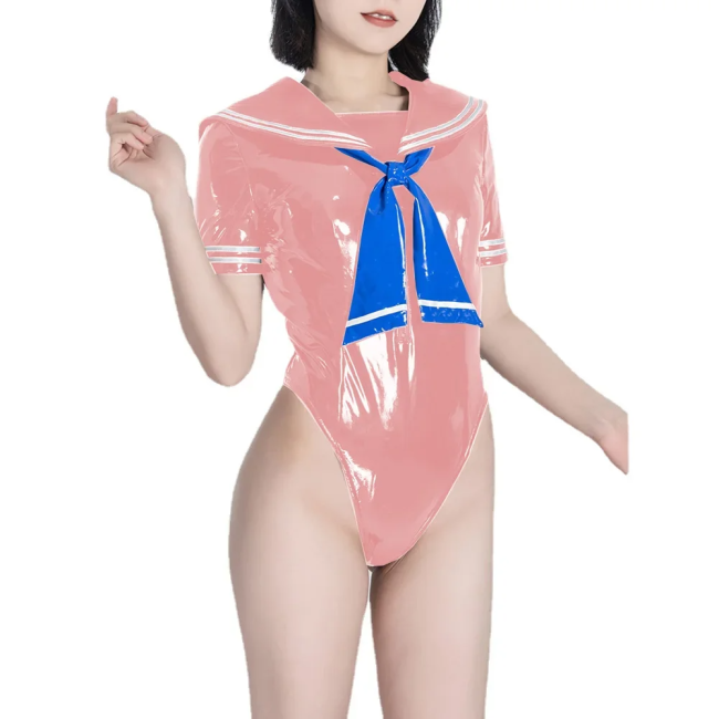 Fetish Queen Sailor Uniforms Short Sleeved Sailor Collar Bodysuits Wetlook PVC Leather High Cut Zentai Student Cosplay Outfits