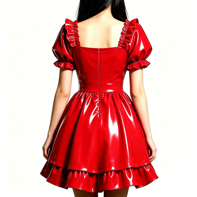 Shiny PVC Leather Sweet Bow Prom Dress Party Glossy Square Neck A-line Flared Dress Club Gothic Lolita Ruffle Gowns Womens Dress
