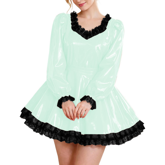 Glossy Party Dress Two Piece Set Puff Sleeve Lace Trim Top with Pleated A-Line Skirt Lockable Outfits Wetlook Evening Club Wear