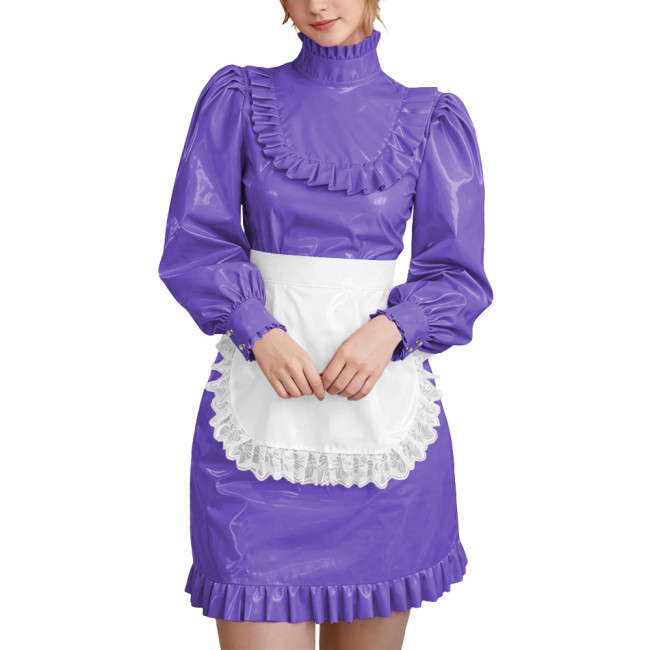 Wetlook PVC Leather Lockable French Maid Dress Outfits High Neck Long Sleeve Ruffle Trim Mini Dress with Apron Role Play Costume