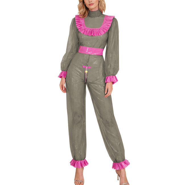 Lockable Pink Ruffle Trim Clear PVC Jumpsuit Sissy Fetish Plastic Long Sleeve High Neck Romper Themed Party Cosplay Bodysuit 7XL