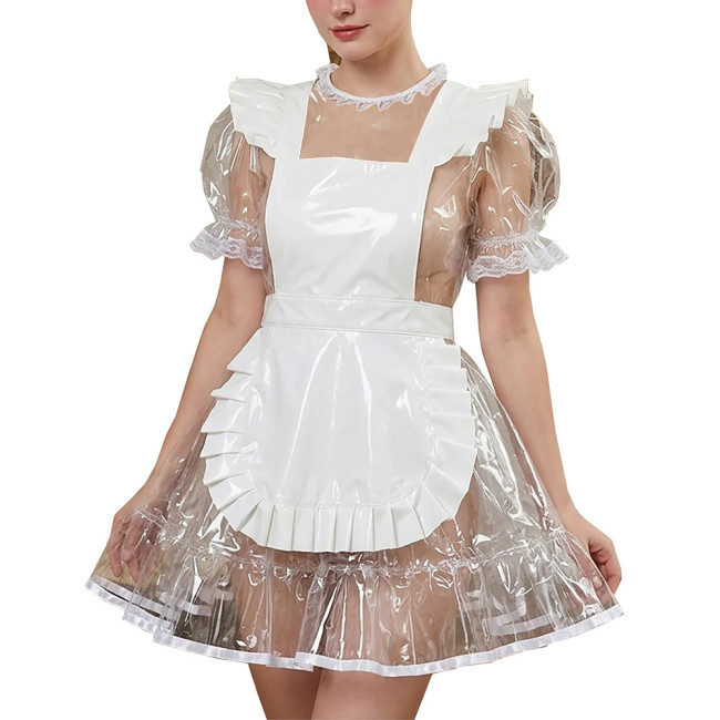 Sissy Exotic Clear PVC Maid Dress with White Apron Party Puff Short Sleeve A-Line Mini Dress Fetish Sexy Role Play Maid Uniforms