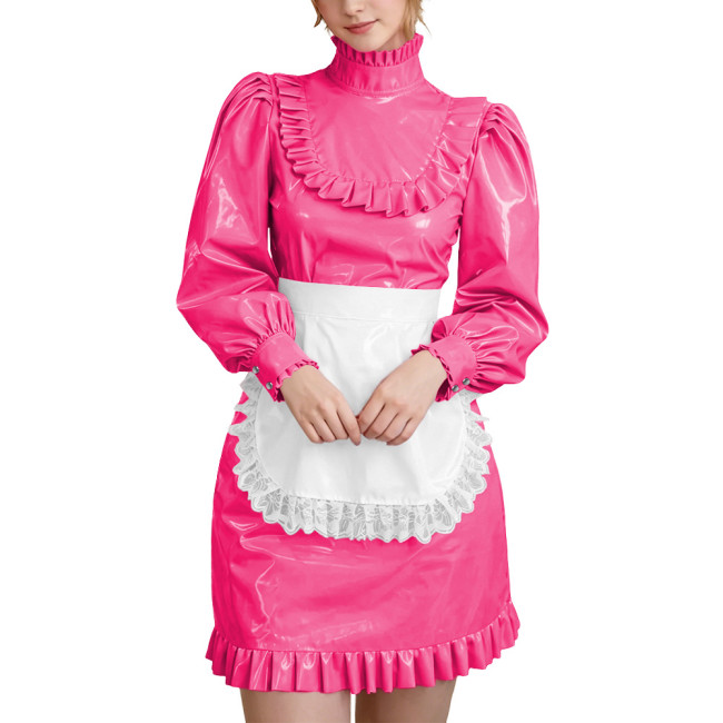 Wetlook PVC Leather Lockable French Maid Dress Outfits High Neck Long Sleeve Ruffle Trim Mini Dress with Apron Role Play Costume
