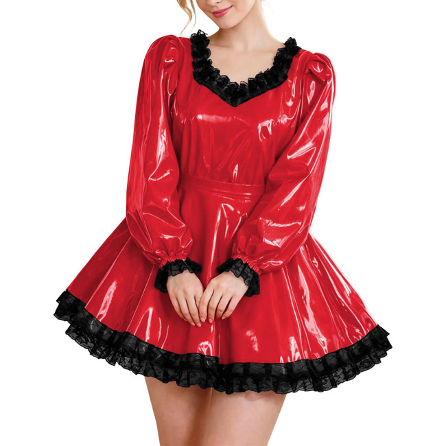Glossy Party Dress Two Piece Set Puff Sleeve Lace Trim Top with Pleated A-Line Skirt Lockable Outfits Wetlook Evening Club Wear