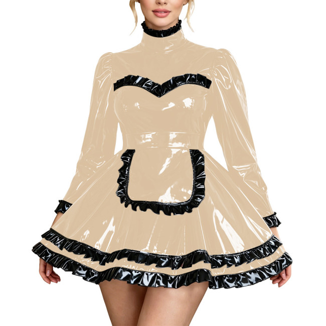 Fetish PVC Leather High Neck Maid Uniforms Long Sleeve Ruffle Trim A-Line Mini Dress with Apron Carnival Party Cosplay Costume