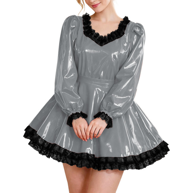 Glossy Party Dress Two Piece Set Puff Sleeve Lace Trim Top with Pleated A-Line Skirt Lockable Outfits Wetlook Evening Club Wear