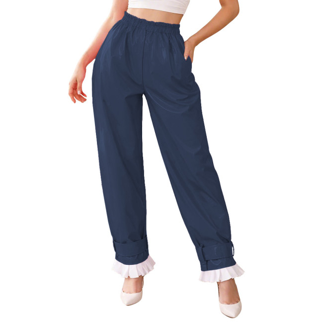 Lockable Glossy PVC Leather Lantern Pants Womens Mens Elastic Waist Baggy Trousers High Waist Ruffle Cuffs Loose Pants Cosplay