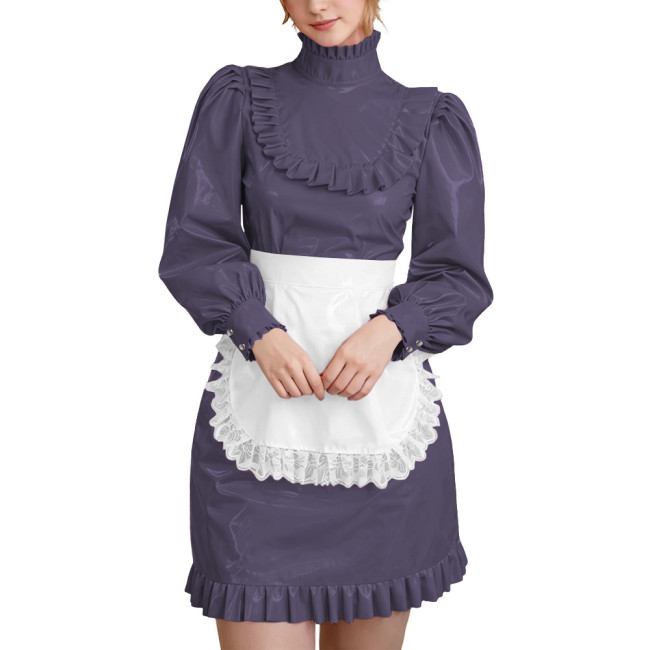Wetlook PVC Leather Lockable French Maid Dress Outfits High Neck Long Sleeve Ruffle Trim Mini Dress with Apron Role Play Costume