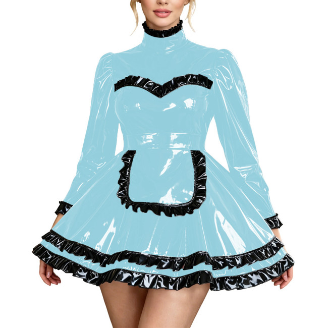 Fetish PVC Leather High Neck Maid Uniforms Long Sleeve Ruffle Trim A-Line Mini Dress with Apron Carnival Party Cosplay Costume