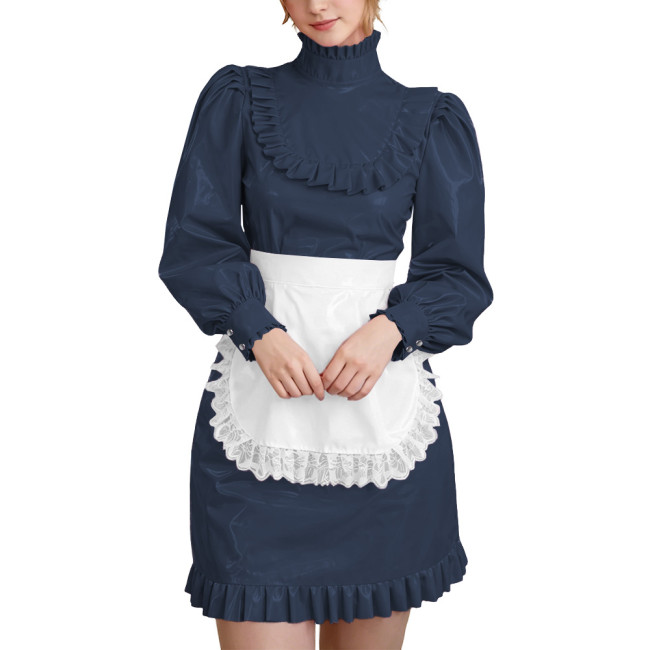 Wetlook PVC Leather Lockable French Maid Dress Outfits High Neck Long Sleeve Ruffle Trim Mini Dress with Apron Role Play Costume