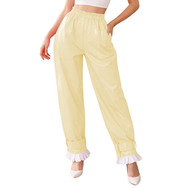 Lockable Glossy PVC Leather Lantern Pants Womens Mens Elastic Waist Baggy Trousers High Waist Ruffle Cuffs Loose Pants Cosplay