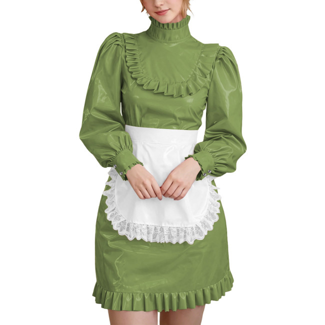 Wetlook PVC Leather Lockable French Maid Dress Outfits High Neck Long Sleeve Ruffle Trim Mini Dress with Apron Role Play Costume