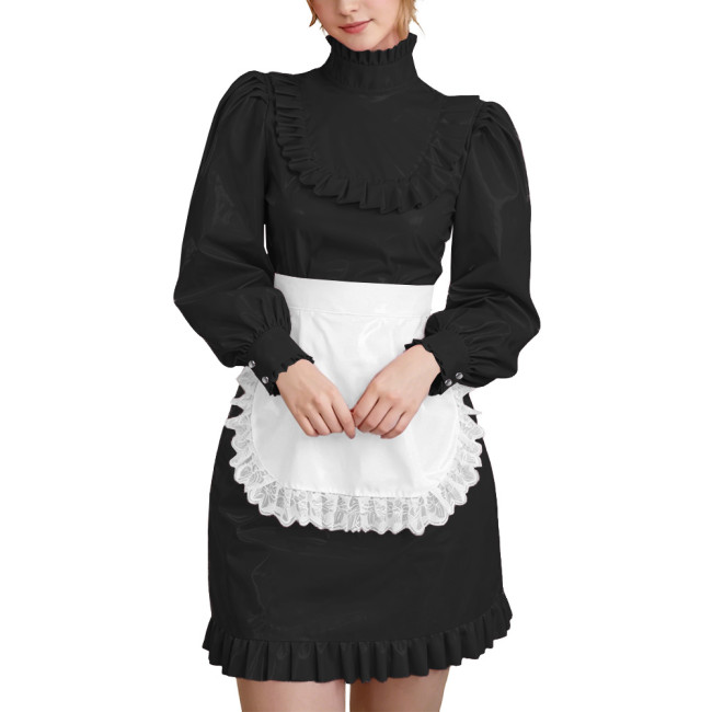 Wetlook PVC Leather Lockable French Maid Dress Outfits High Neck Long Sleeve Ruffle Trim Mini Dress with Apron Role Play Costume