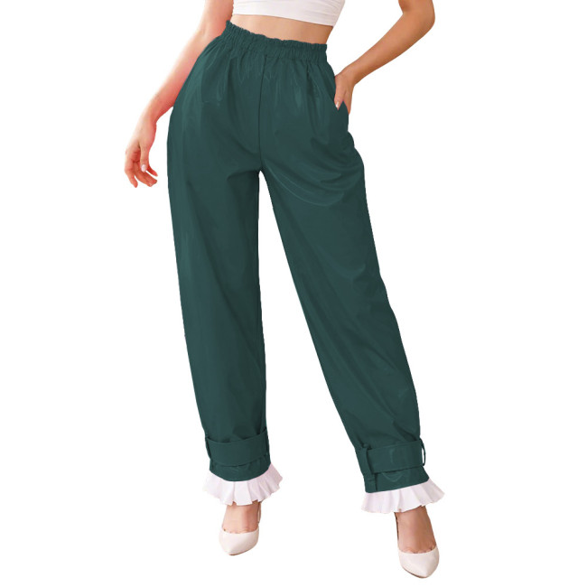 Lockable Glossy PVC Leather Lantern Pants Womens Mens Elastic Waist Baggy Trousers High Waist Ruffle Cuffs Loose Pants Cosplay