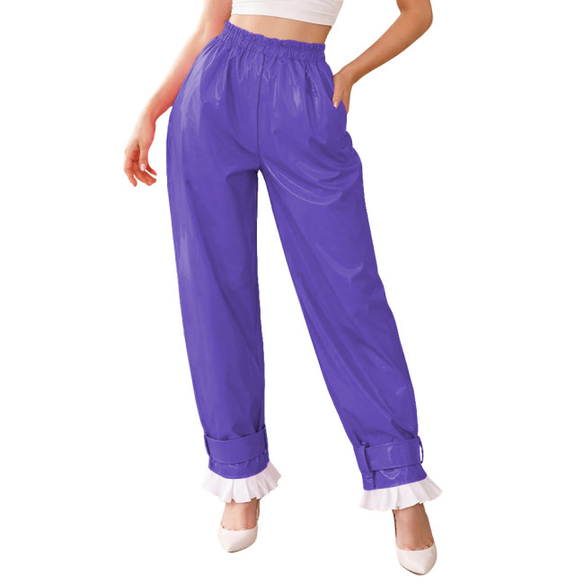 Lockable Glossy PVC Leather Lantern Pants Womens Mens Elastic Waist Baggy Trousers High Waist Ruffle Cuffs Loose Pants Cosplay